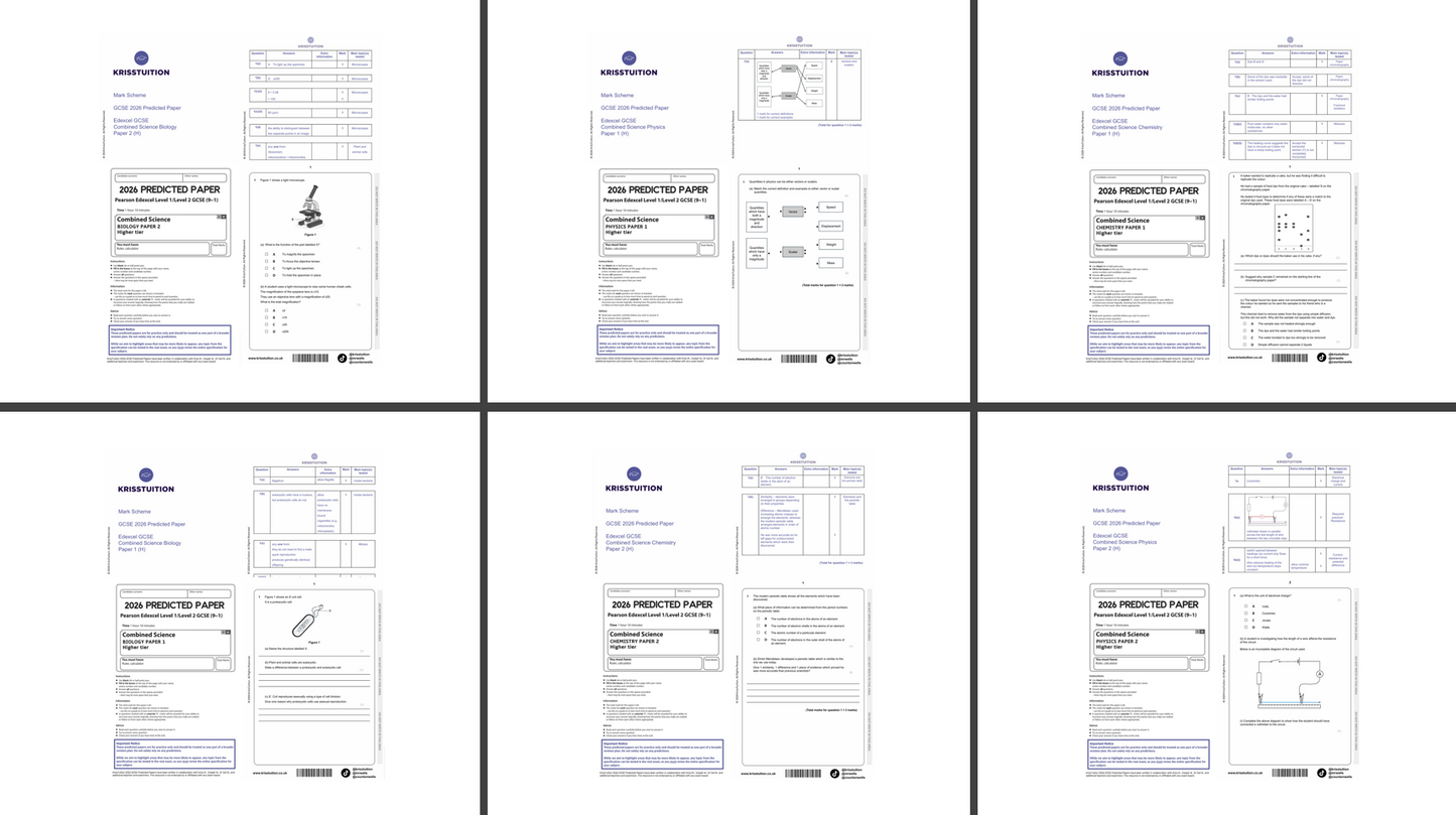 2026 Edexcel GCSE Combined Science Higher predicted papers showing Papers 1 and 2 for Biology, Chemistry and Physics with full mark schemes.