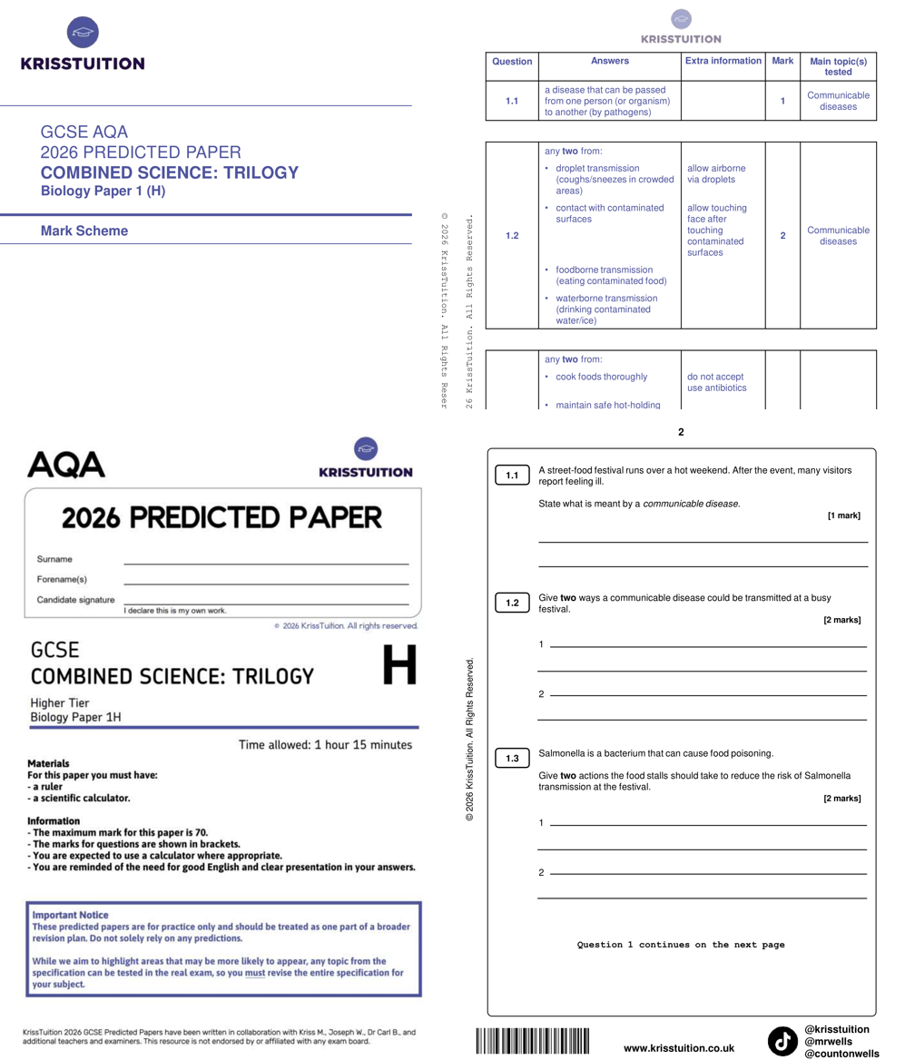 gcse 2026 aqa biology combined science higher predicted paper 1 with mark scheme