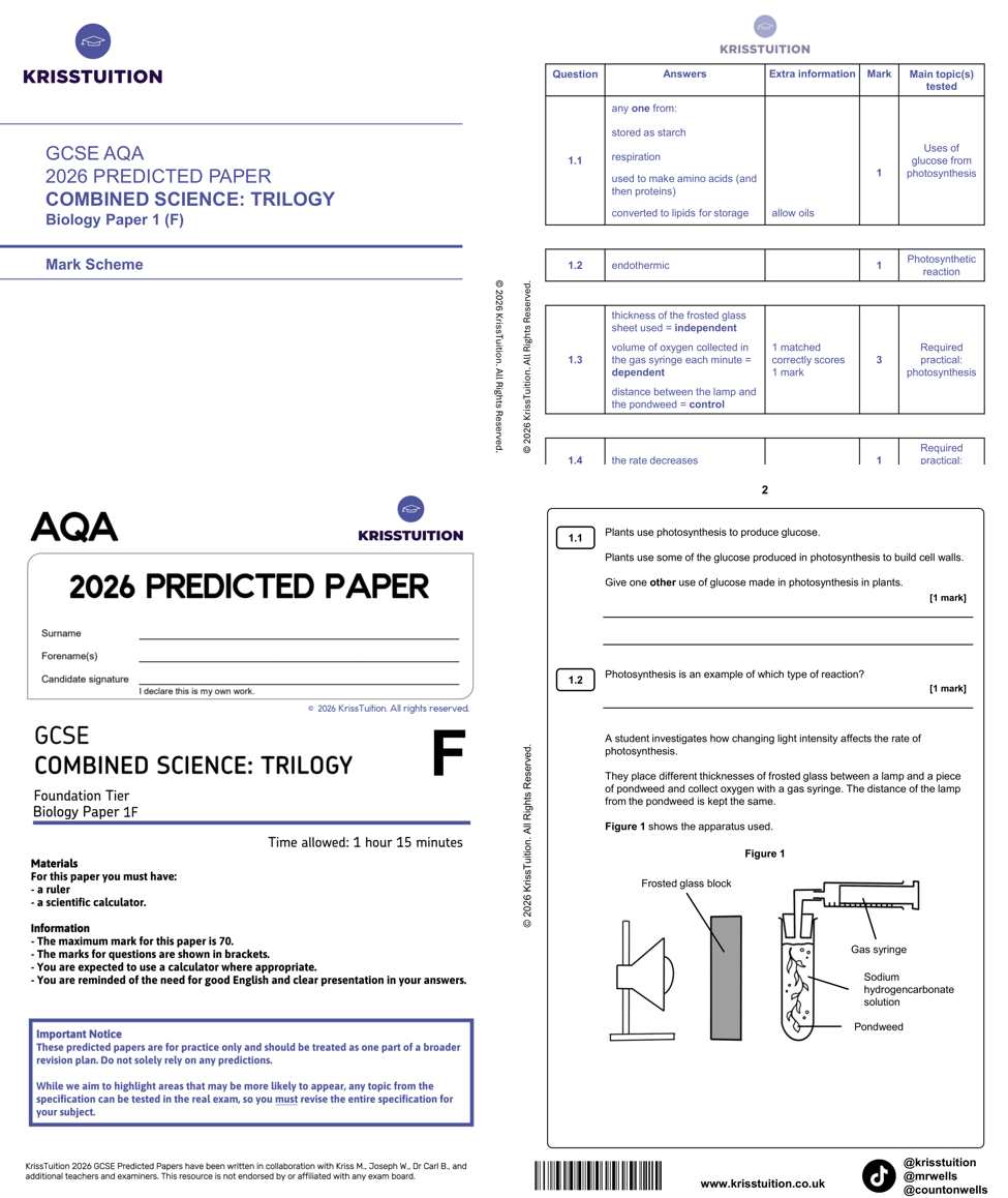 gcse 2026 aqa combined science biology foundation predicted paper 1 with mark scheme