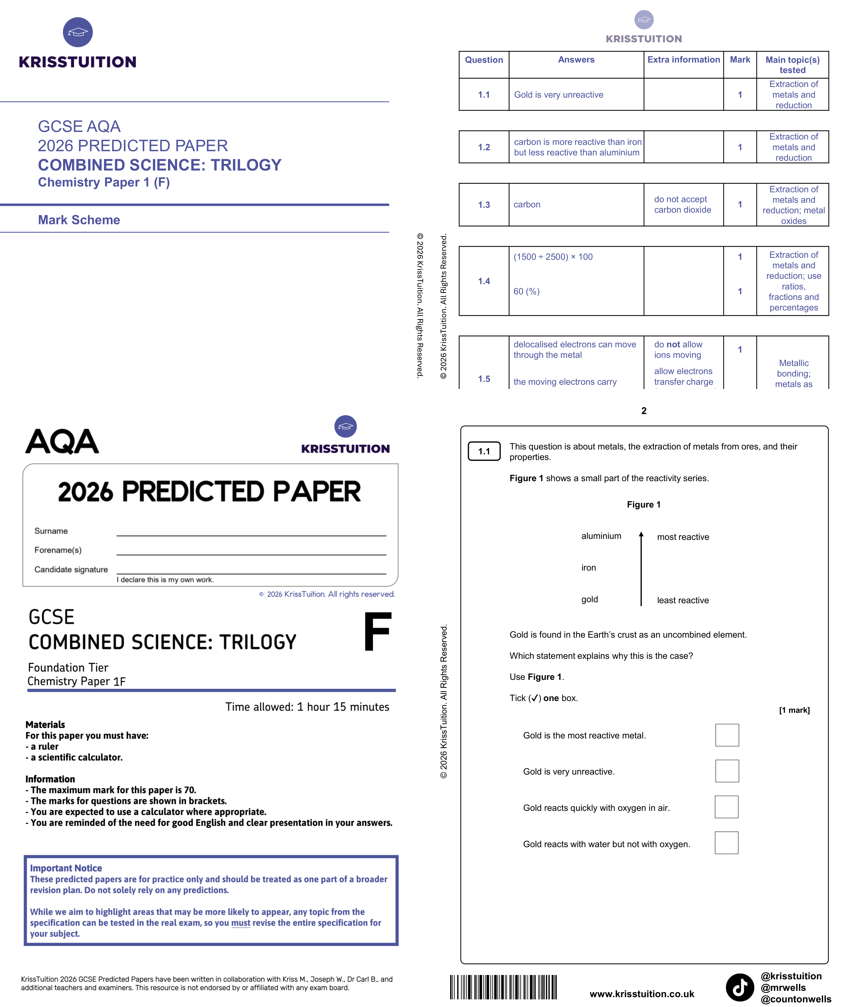 GCSE 2026 AQA Combined Science Chemistry Foundation predicted paper 1 with mark scheme