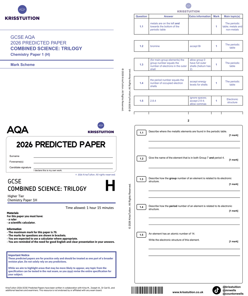 GCSE 2026 AQA Combined Science Chemistry Higher predicted paper 1 with mark scheme