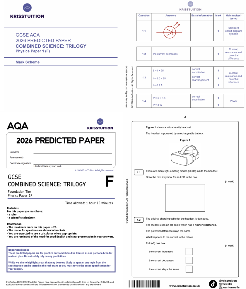 gcse 2026 aqa combined science physics foundation predicted paper 1 with mark scheme