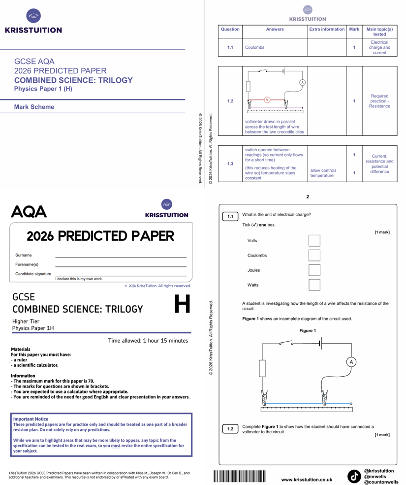 gcse 2026 aqa combined science physics higher predicted paper 1 with mark scheme