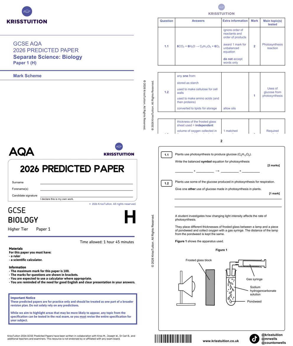 gcse 2026 aqa triple science biology higher predicted paper 1 with mark scheme