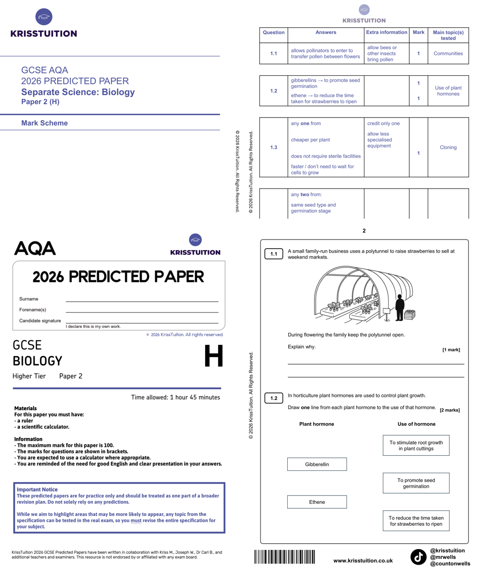 gcse 2026 aqa triple science biology higher predicted paper 2 with mark scheme
