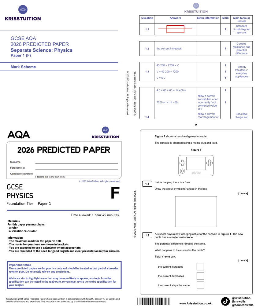 gcse 2026 aqa triple science physics foundation predicted paper 1 with mark scheme