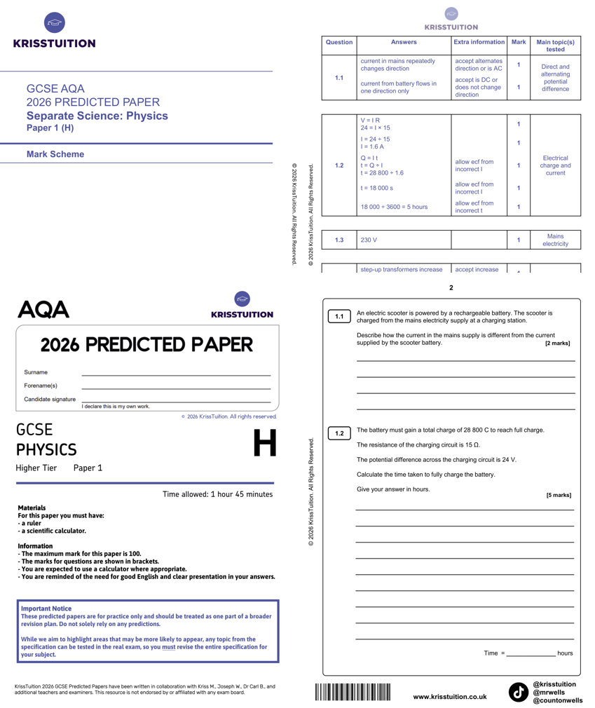 gcse 2026 aqa triple science physics higher predicted paper 1 with mark scheme