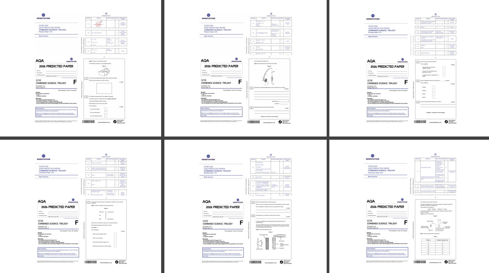 2026 AQA GCSE Combined Science Foundation predicted papers showing Papers 1 and 2 for Biology, Chemistry and Physics with full mark schemes.