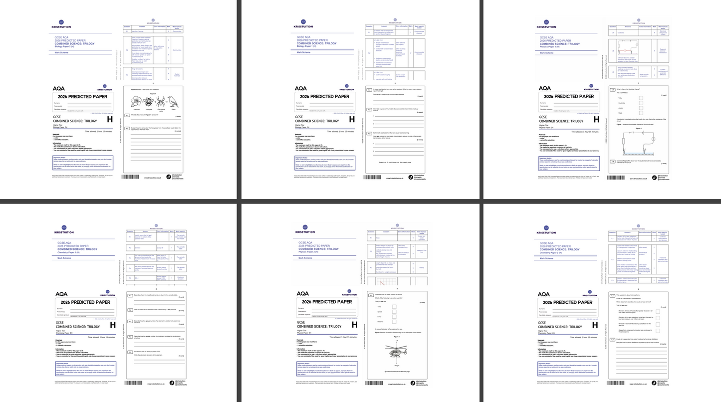 2026 AQA GCSE Combined Science Higher predicted papers showing Papers 1 and 2 for Biology, Chemistry and Physics with full mark schemes.