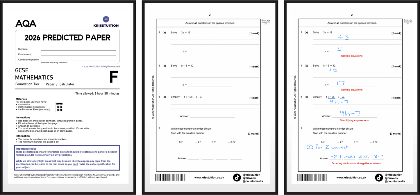 2026 AQA GCSE Maths Foundation predicted papers showing Paper 3 calculator with worked solutions.