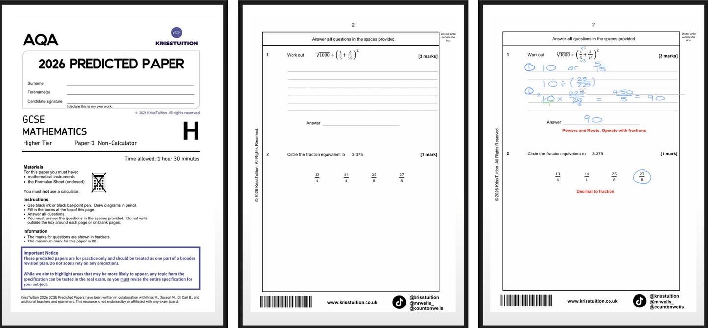 2026 AQA GCSE Maths Foundation predicted papers showing Paper 1 non-calculator with worked solutions.