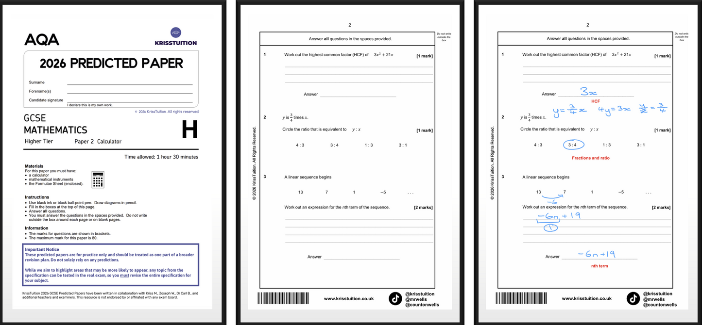 2026 AQA GCSE Maths Foundation predicted papers showing Paper 2 calculator with worked solutions.