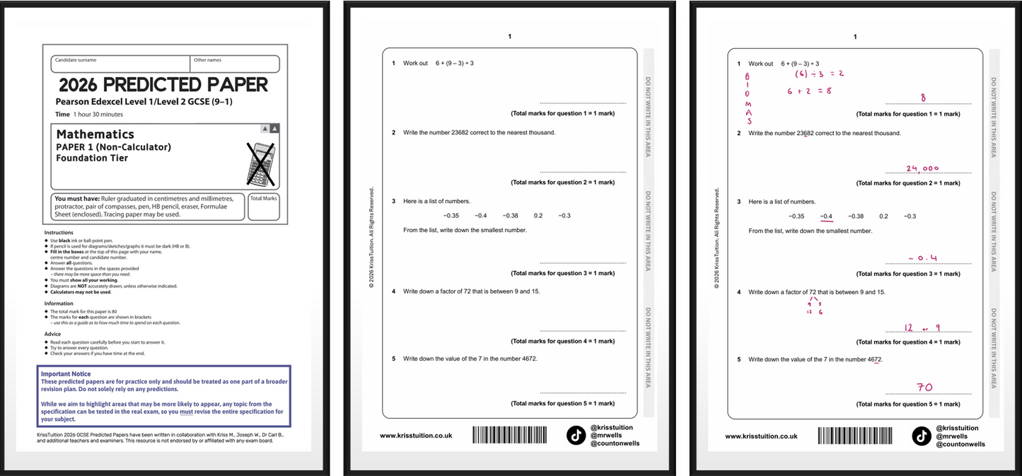 2026 Edexcel GCSE Maths Foundation predicted papers showing Paper 1 non-calculator with worked solutions.