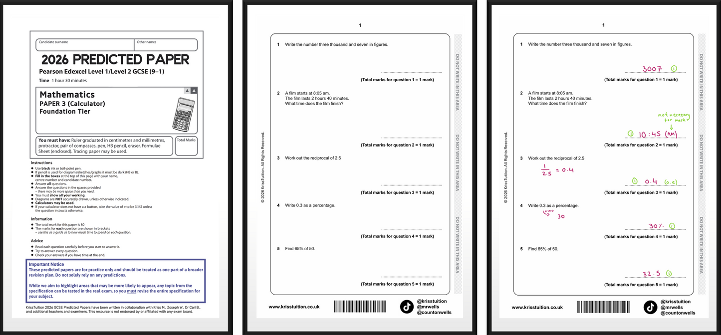 2026 Edexcel GCSE Maths Foundation predicted papers showing Paper 3 calculator with worked solutions.