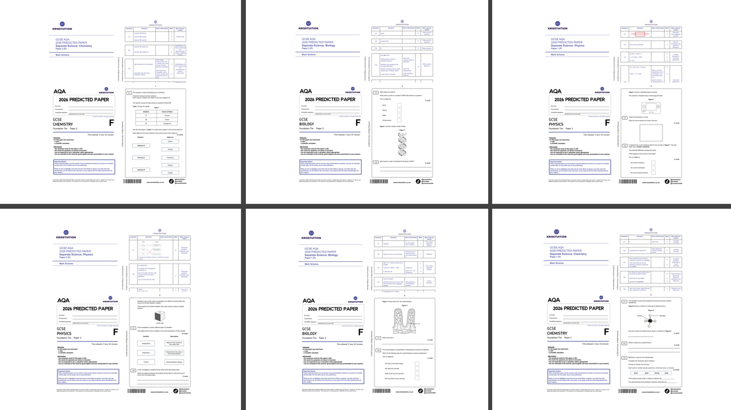 2026 AQA GCSE Triple Science Foundation predicted papers showing Papers 1 and 2 for Biology, Chemistry and Physics with full mark schemes.
