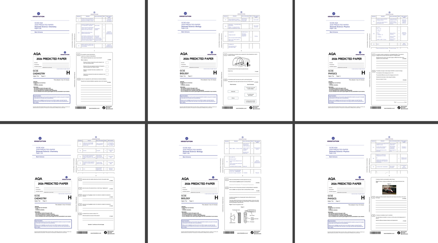 2026 AQA GCSE Triple Science Higher predicted papers showing Papers 1 and 2 for Biology, Chemistry and Physics with full mark schemes.